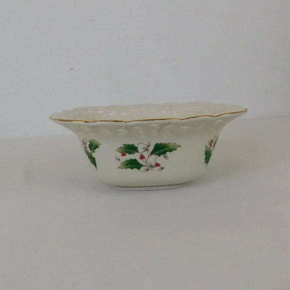 Pierced Treat Bowl Square Gold Trim Royal Limited Holly Holiday Christmas Japan - Picture 2 of 10